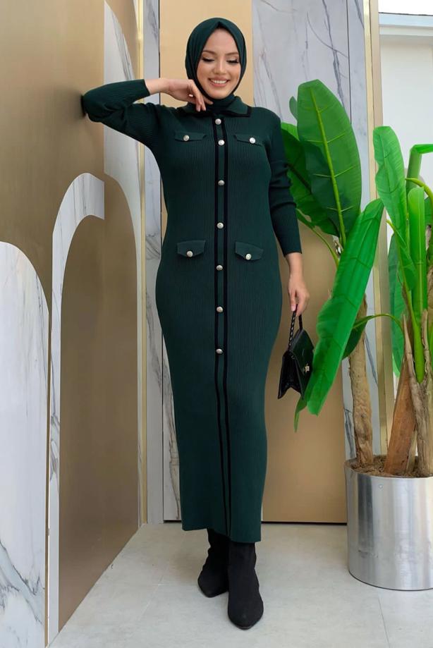 Tesettür giyim YEŞİL TRİKO ELBİSE T 21332 - TRENDTESETTÜR