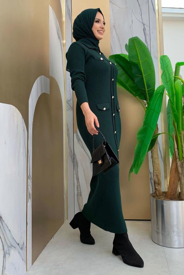 Tesettür giyim YEŞİL TRİKO ELBİSE T 21332 - TRENDTESETTÜR
