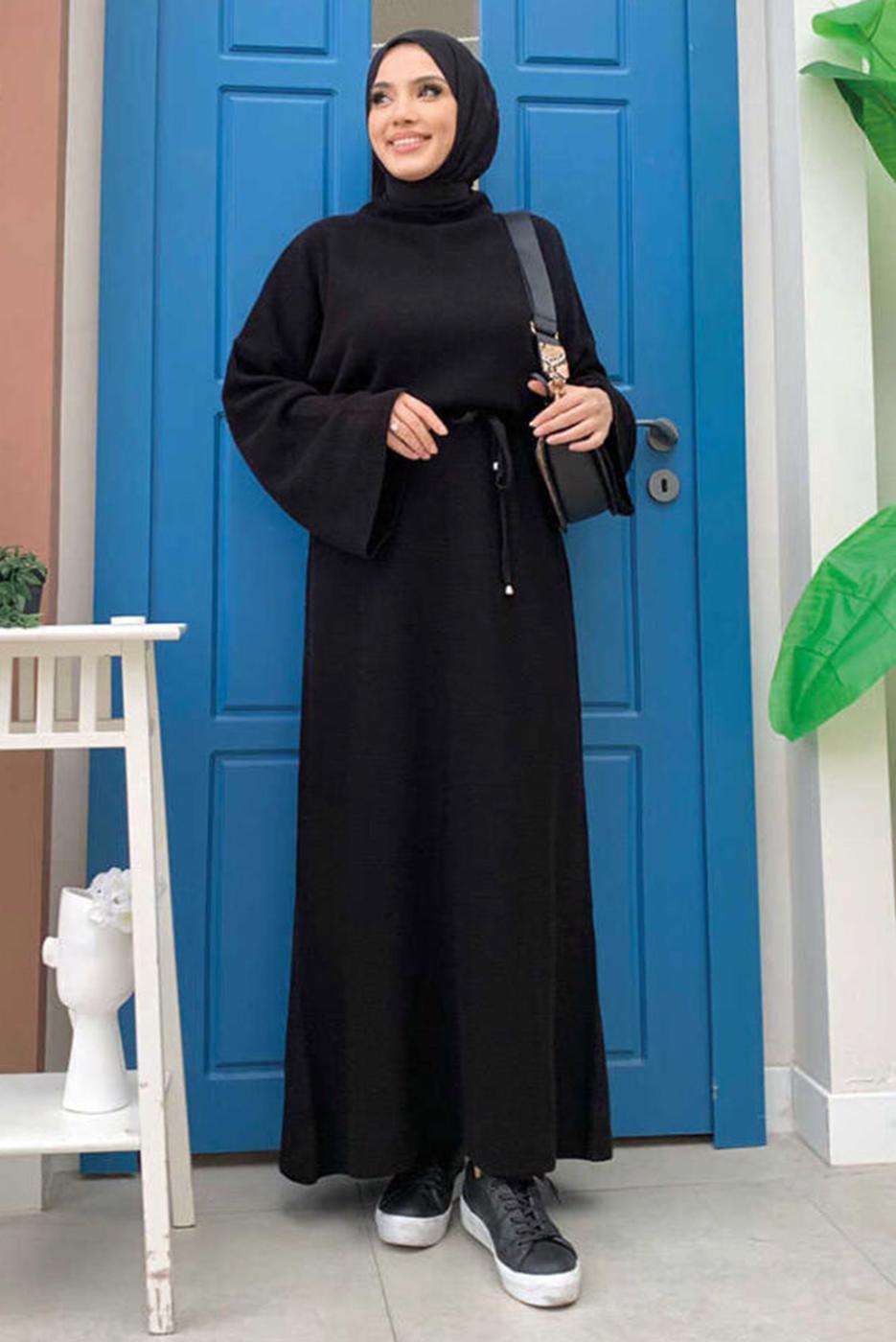 Tesettür giyim SİYAH GENİŞ KOL TRİKO ELBİSE T 22332