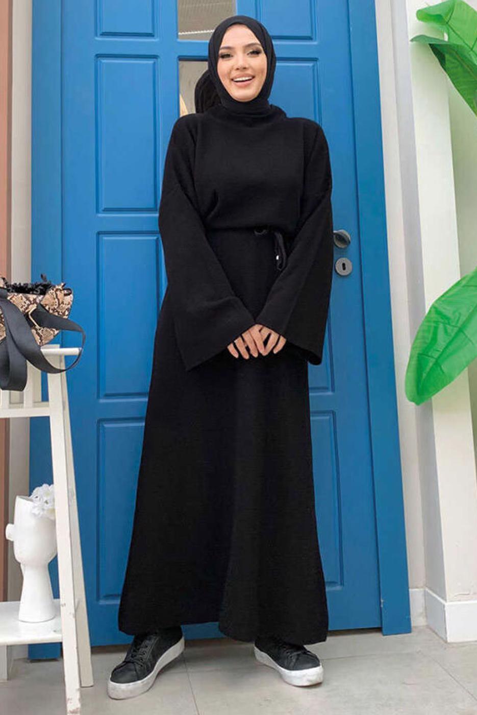 Tesettür giyim SİYAH GENİŞ KOL TRİKO ELBİSE T 22332