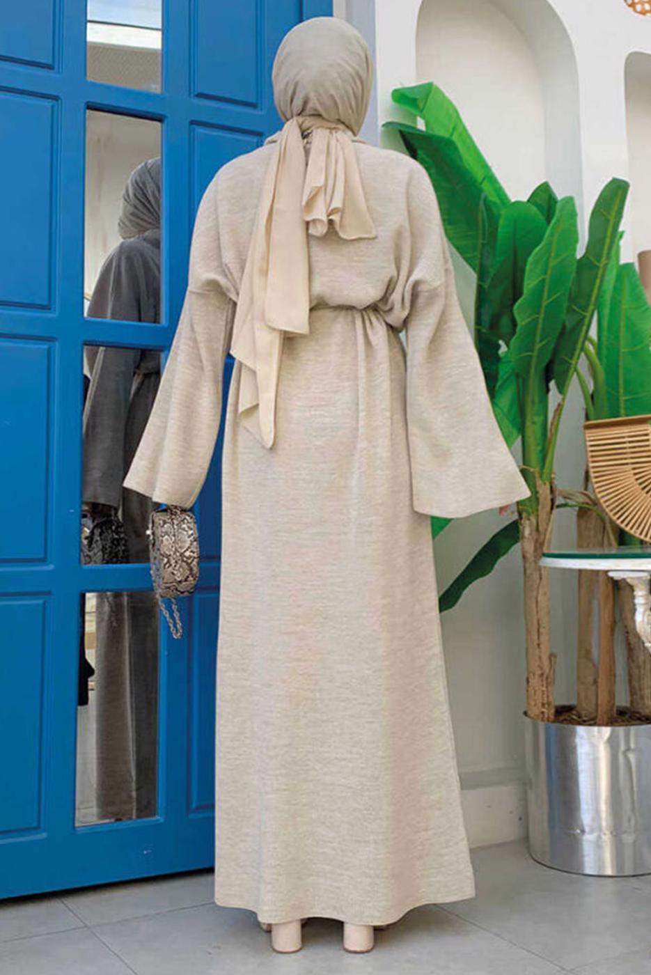 Tesettür giyim BEJ GENİŞ KOL TRİKO ELBİSE T 22332