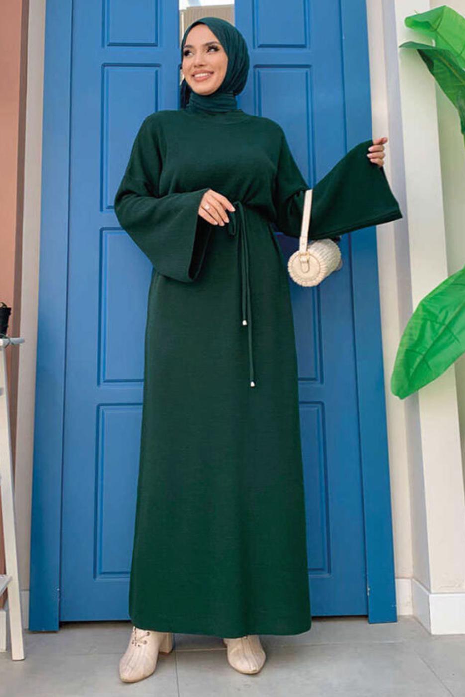 Hijab clothing GREEN WIDE SLEEVE KNIT DRESS T 22332