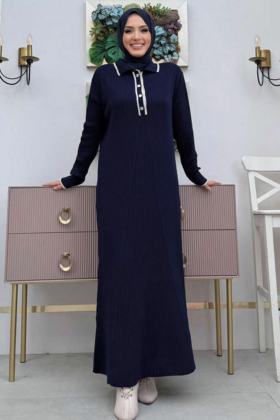 Tesettür giyim LACİVERT TAM BOY TRİKO ELBİSE T 32332