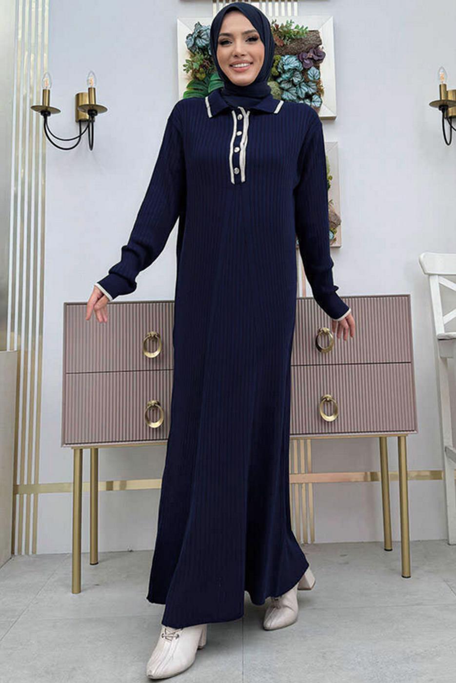 Tesettür giyim LACİVERT TAM BOY TRİKO ELBİSE T 32332