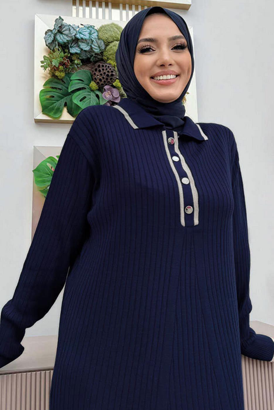 Tesettür giyim LACİVERT TAM BOY TRİKO ELBİSE T 32332