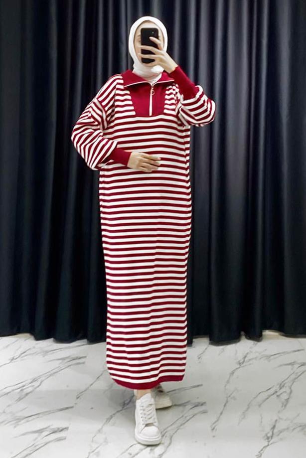 Tesettür giyim BORDO ÇİZGİLİ TRİKO ELBİSE T 4033 - TRENDTESETTÜR