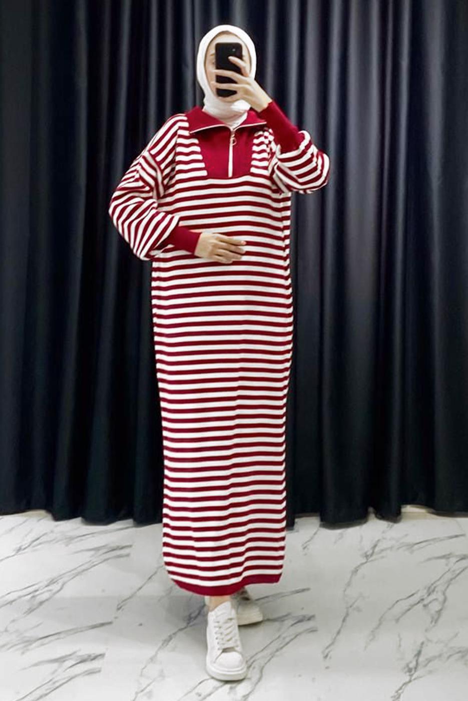 Tesettür giyim BORDO ÇİZGİLİ TRİKO ELBİSE T 4033