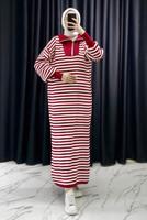 Tesettür giyim BORDO ÇİZGİLİ TRİKO ELBİSE T 4033
