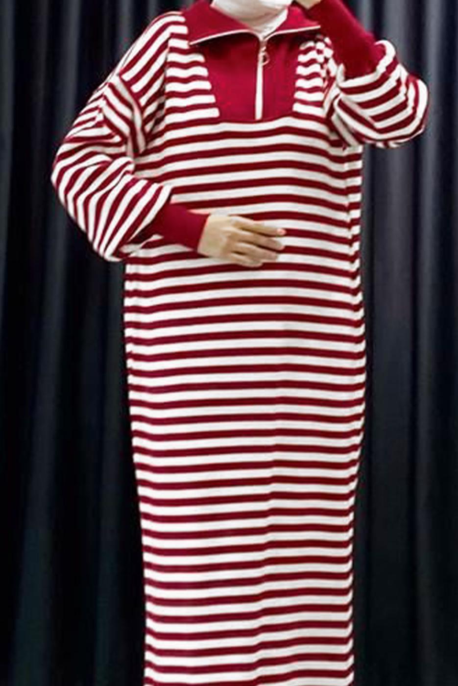 Tesettür giyim BORDO ÇİZGİLİ TRİKO ELBİSE T 4033