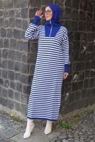 Tesettür giyim LACİVERT ÇİZGİLİ TRİKO ELBİSE T 4033