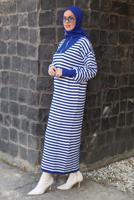 Tesettür giyim LACİVERT ÇİZGİLİ TRİKO ELBİSE T 4033