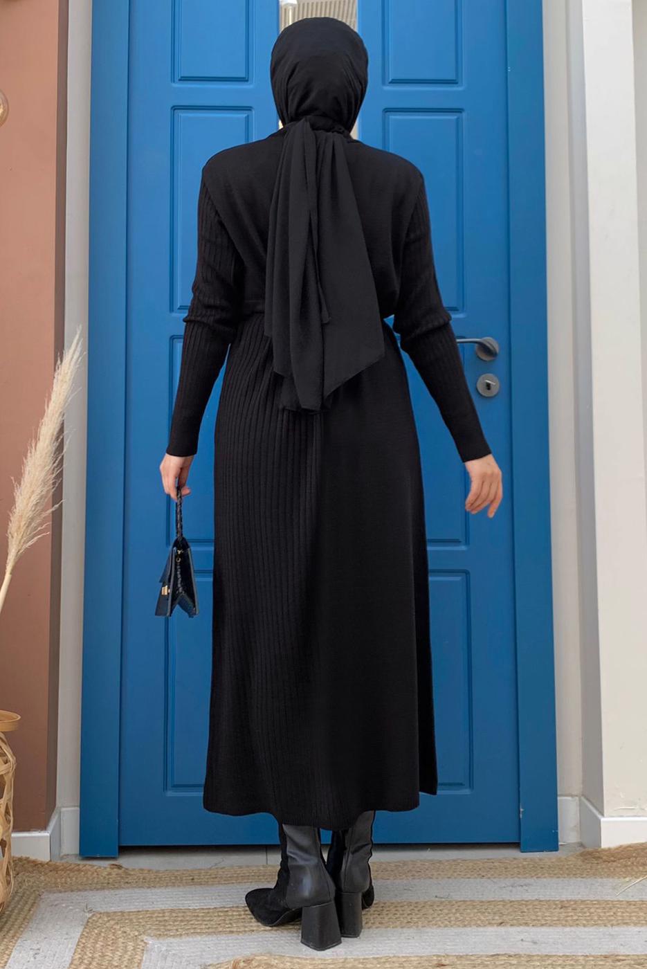 Tesettür giyim SİYAH KUŞAKLI TRİKO ELBİSE T 41332