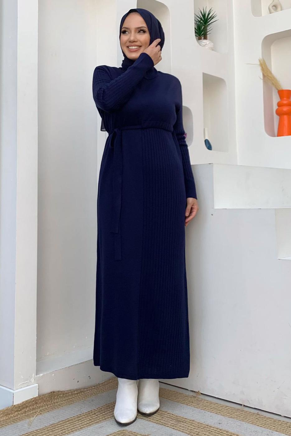 Tesettür giyim LACİVERT KUŞAKLI TRİKO ELBİSE T 41332