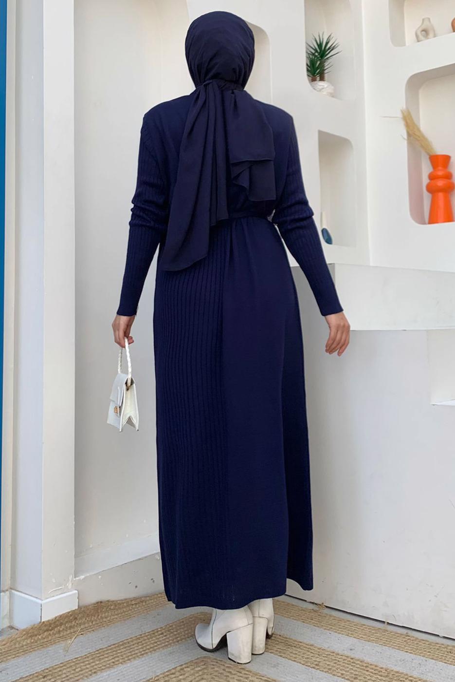 Tesettür giyim LACİVERT KUŞAKLI TRİKO ELBİSE T 41332
