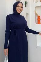 Tesettür giyim LACİVERT KUŞAKLI TRİKO ELBİSE T 41332