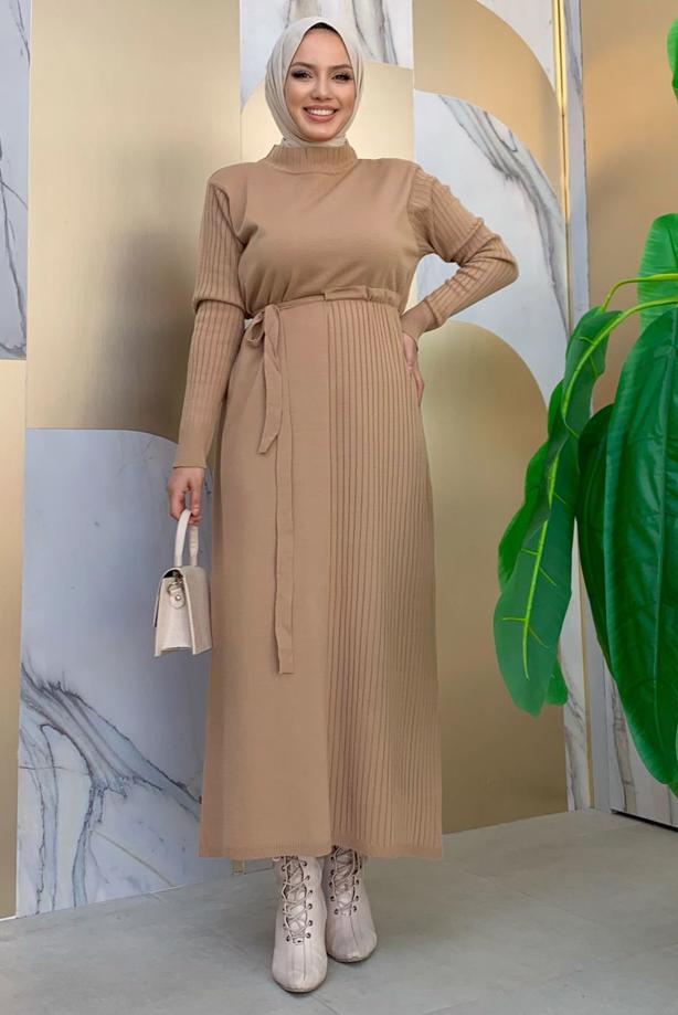 Tesettür giyim TABA KUŞAKLI TRİKO ELBİSE T 41332 - TRENDTESETTÜR
