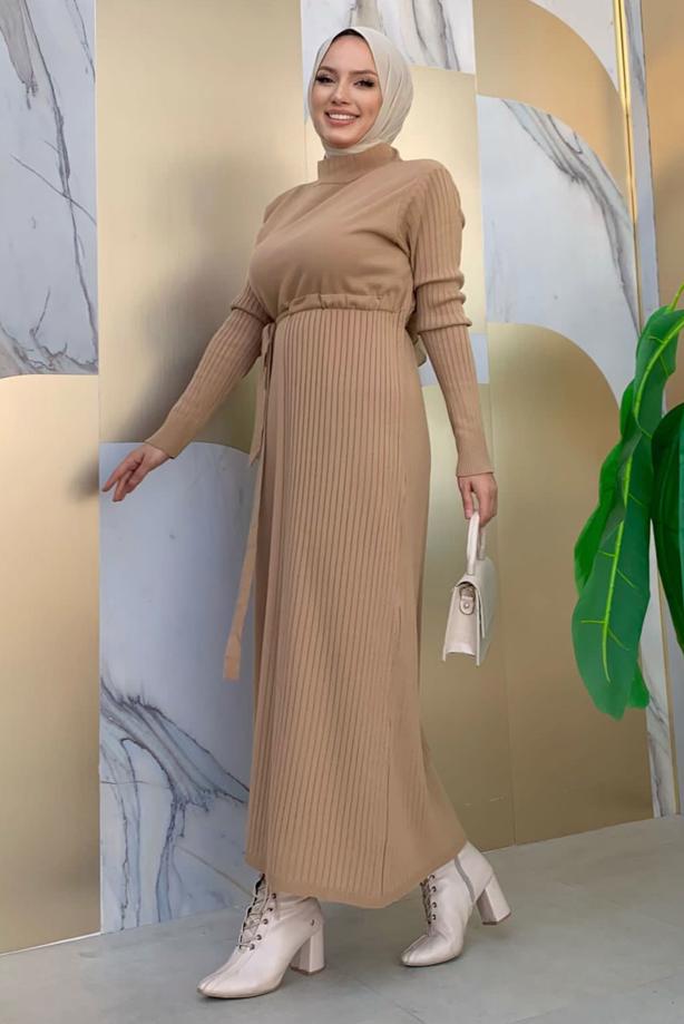 Tesettür giyim TABA KUŞAKLI TRİKO ELBİSE T 41332 - TRENDTESETTÜR