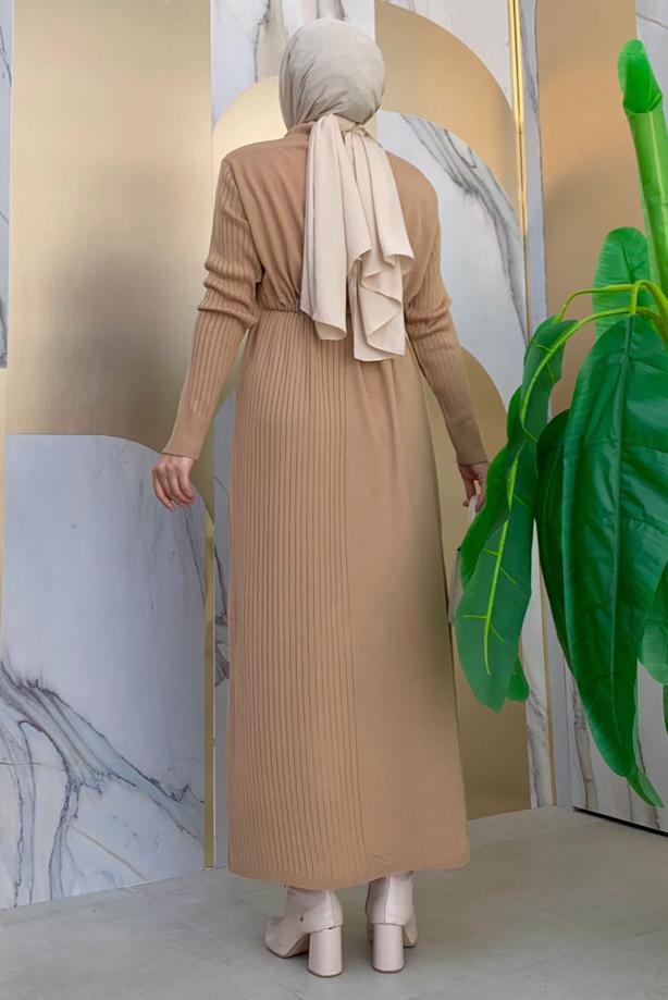 Tesettür giyim TABA KUŞAKLI TRİKO ELBİSE T 41332 - TRENDTESETTÜR