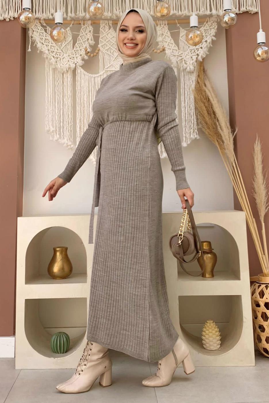 Tesettür giyim VİZON KUŞAKLI TRİKO ELBİSE T 41332