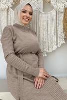 Tesettür giyim VİZON KUŞAKLI TRİKO ELBİSE T 41332