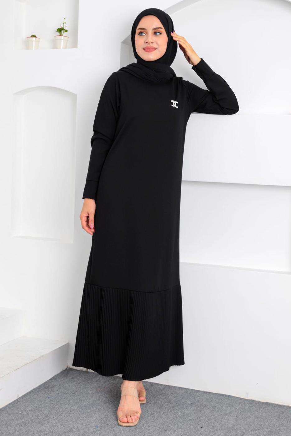 Tesettür giyim SİYAH BROŞ DETAYLI KEMERLİ ELBİSE T 4742