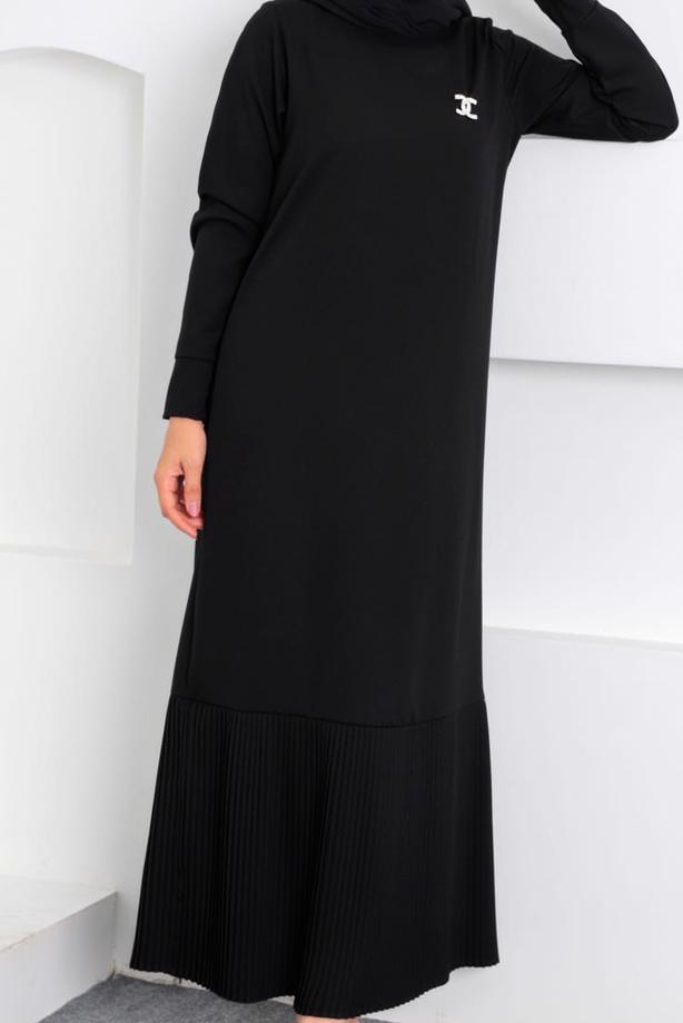 Tesettür giyim SİYAH BROŞ DETAYLI KEMERLİ ELBİSE T 4742 - TRENDTESETTÜR