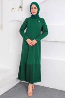 Tesettür giyim YEŞİL BROŞ DETAYLI KEMERLİ ELBİSE T 4742