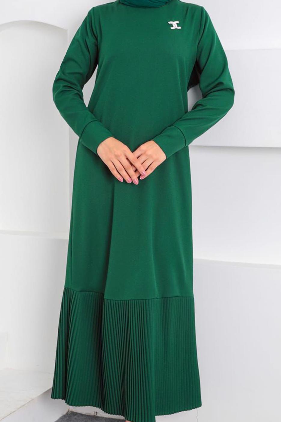 Tesettür giyim YEŞİL BROŞ DETAYLI KEMERLİ ELBİSE T 4742