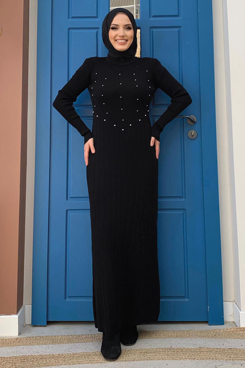 Hijab clothing BLACK KNITWEAR DRESS WITH PEARL DETAIL T 61332