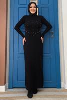 Hijab clothing BLACK KNITWEAR DRESS WITH PEARL DETAIL T 61332