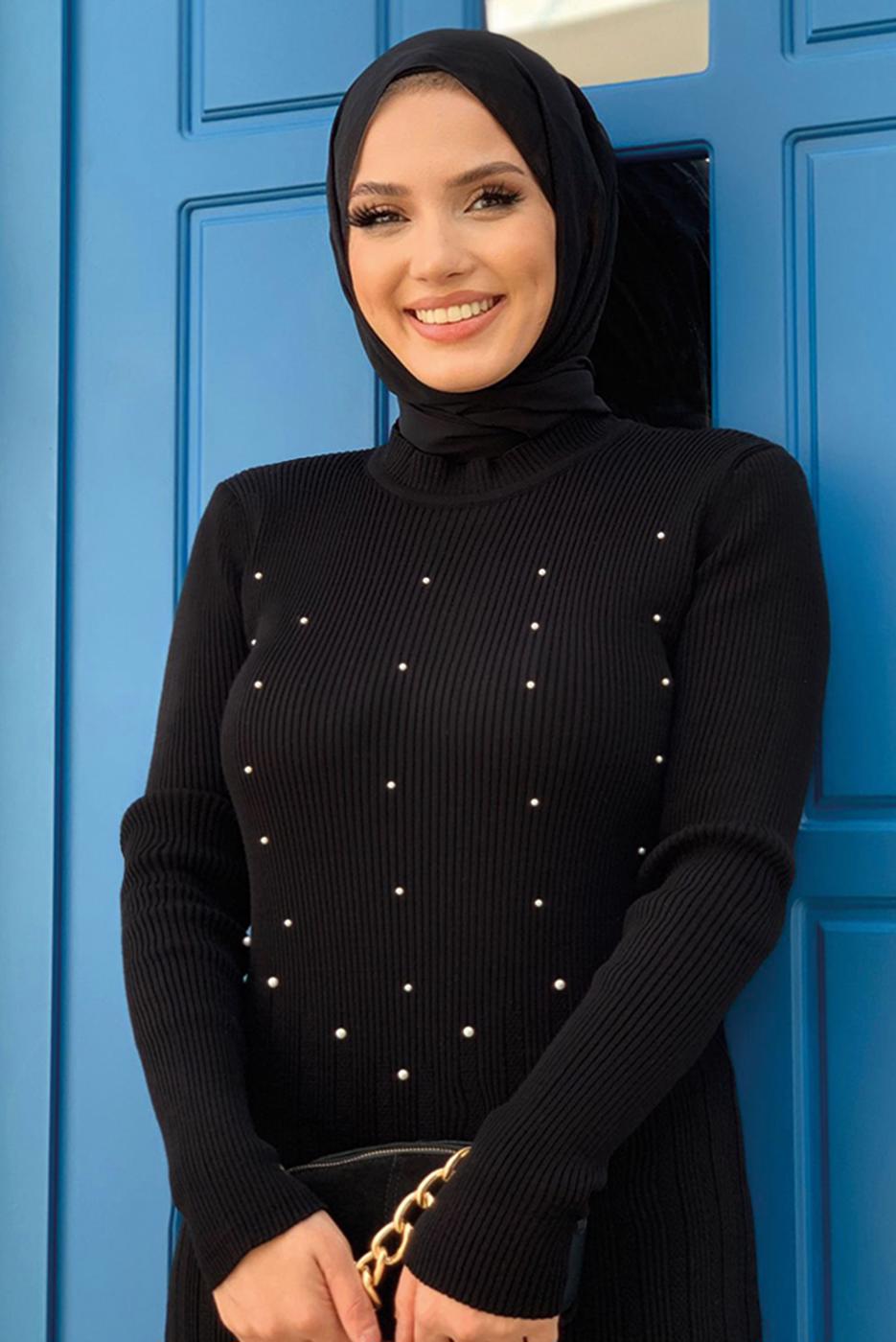 Hijab clothing BLACK KNITWEAR DRESS WITH PEARL DETAIL T 61332