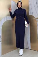 Hijab clothing NAVY BLUE KNITWEAR DRESS WITH PEARL DETAIL T 61332