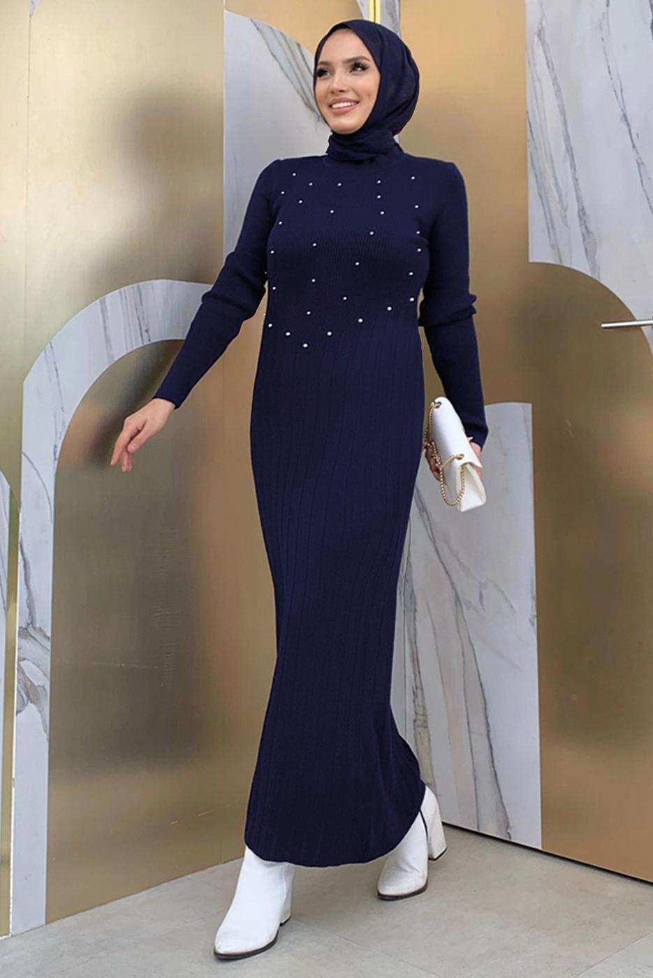 Hijab clothing NAVY BLUE KNITWEAR DRESS WITH PEARL DETAIL T 61332