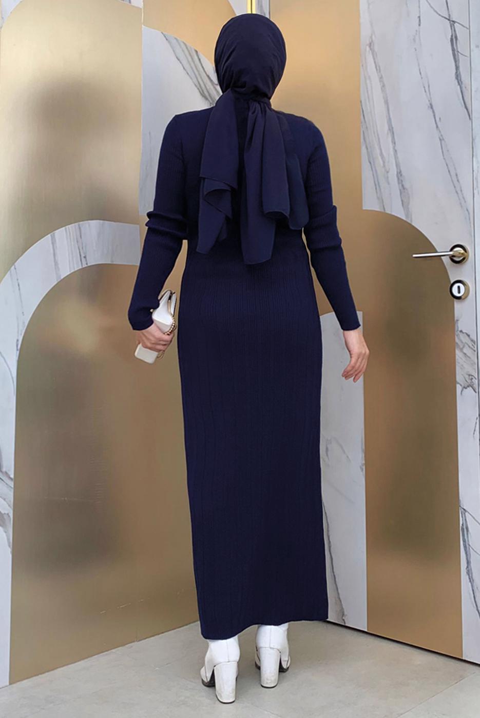 Hijab clothing NAVY BLUE KNITWEAR DRESS WITH PEARL DETAIL T 61332