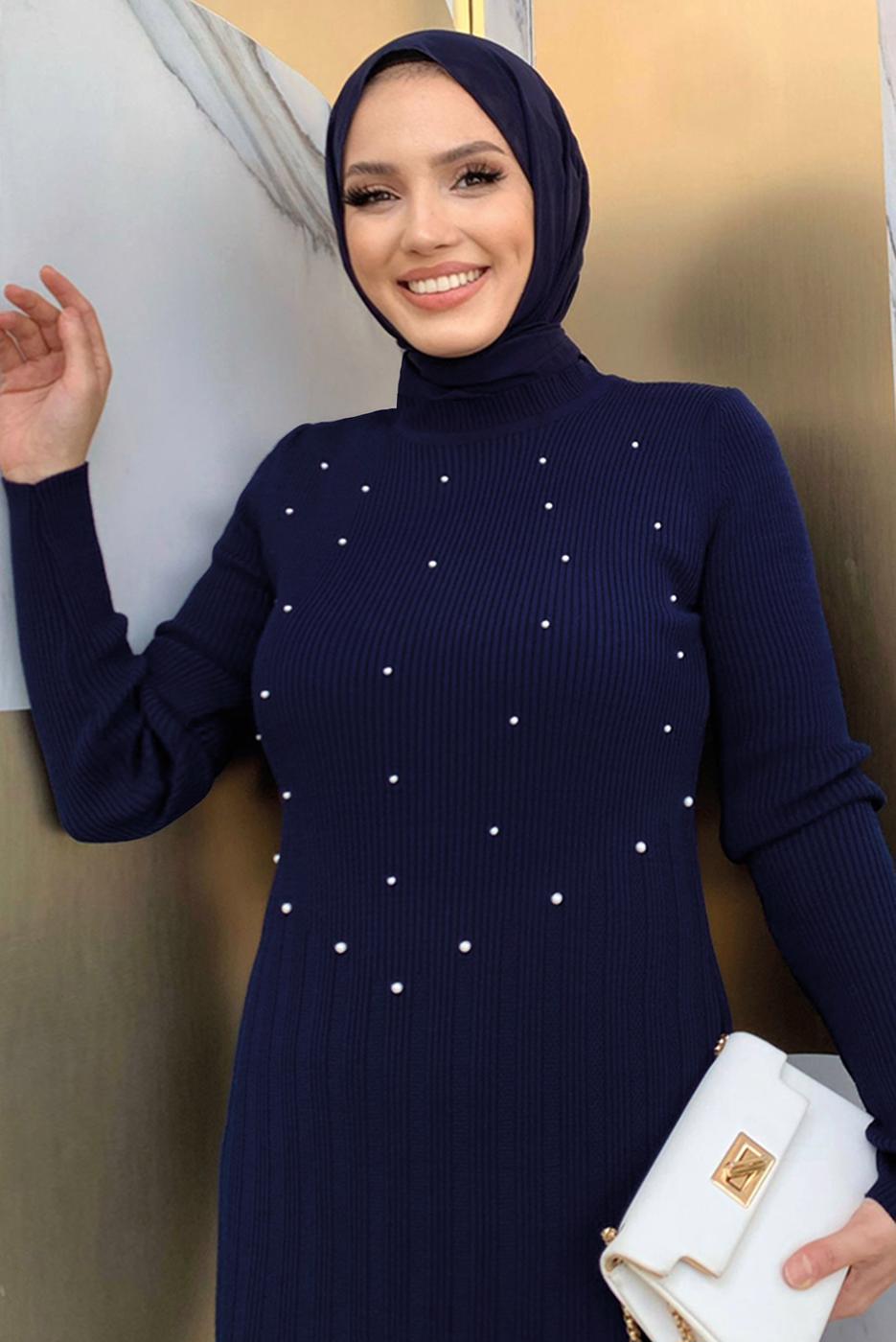 Hijab clothing NAVY BLUE KNITWEAR DRESS WITH PEARL DETAIL T 61332
