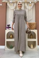 Tesettür giyim VİZON TAŞ DETAYLI TRİKO ELBİSE T 71332