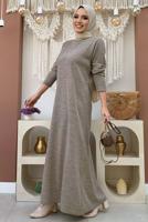 Tesettür giyim VİZON TAŞ DETAYLI TRİKO ELBİSE T 71332