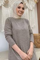 Tesettür giyim VİZON TAŞ DETAYLI TRİKO ELBİSE T 71332