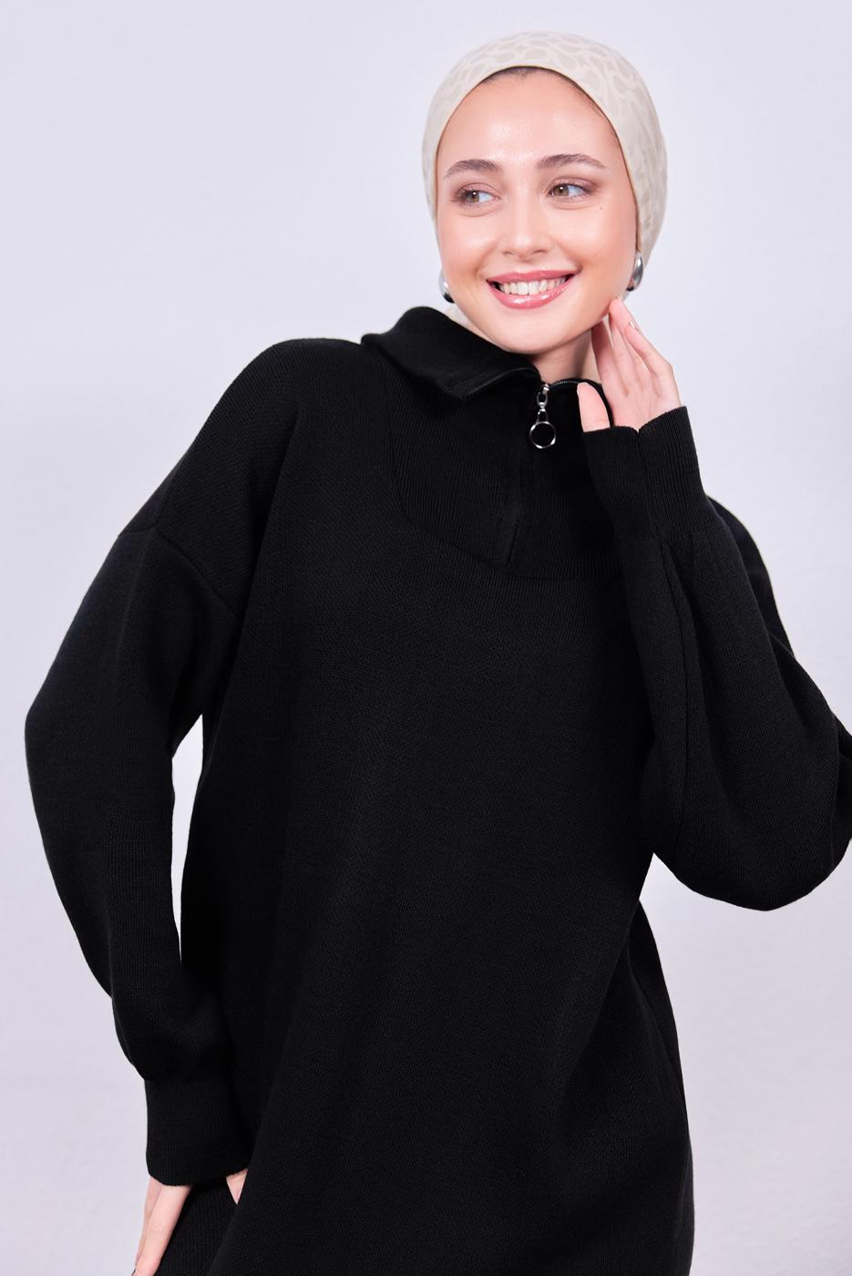 Tesettür giyim SİYAH TRİKO ELBİSE T 7808