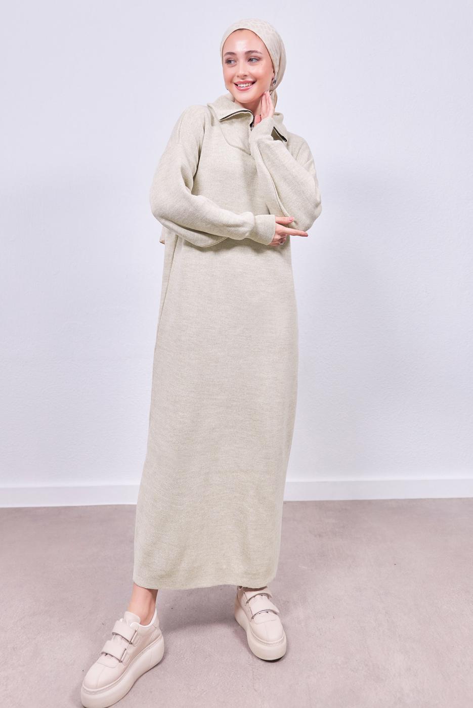 Hijab clothing BEIGE KNITWEAR DRESS T 7808