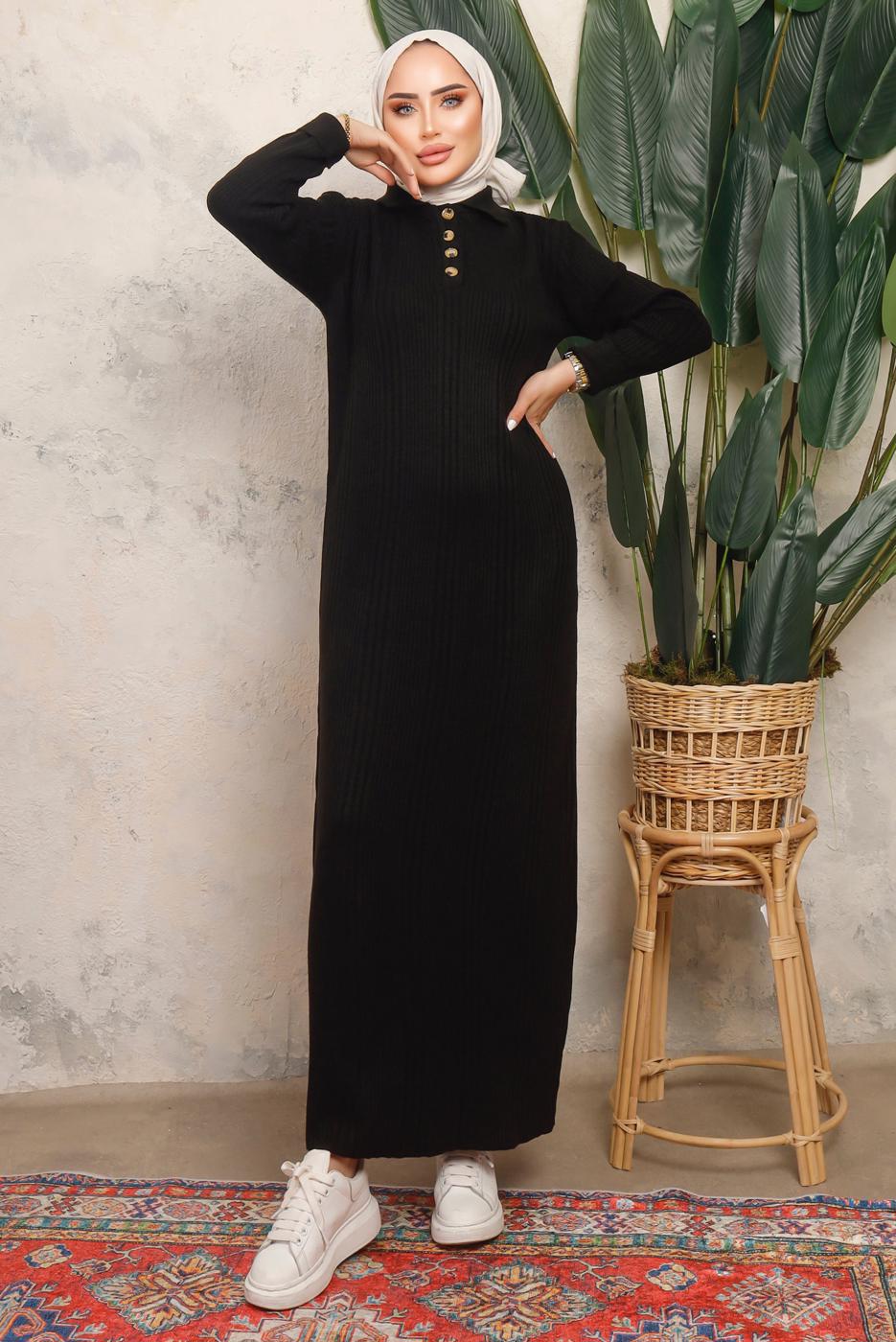 Tesettür giyim SİYAH DÜĞME DETAYLI DÜZ TRİKO ELBİSE T 8101