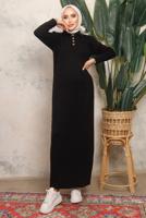 Tesettür giyim SİYAH DÜĞME DETAYLI DÜZ TRİKO ELBİSE T 8101