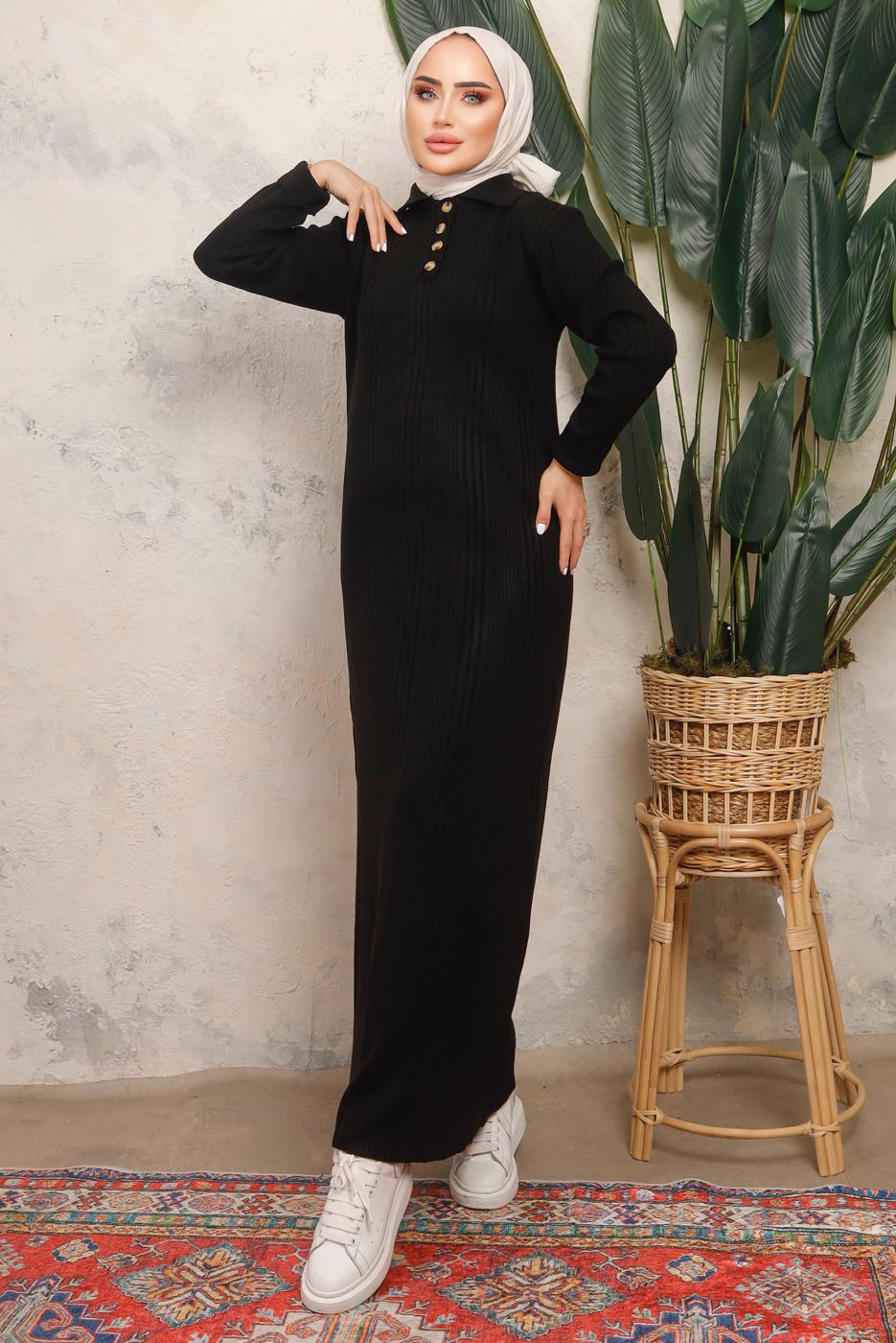 Tesettür giyim SİYAH DÜĞME DETAYLI DÜZ TRİKO ELBİSE T 8101