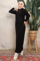 Tesettür giyim SİYAH DÜĞME DETAYLI DÜZ TRİKO ELBİSE T 8101