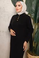 Tesettür giyim SİYAH DÜĞME DETAYLI DÜZ TRİKO ELBİSE T 8101