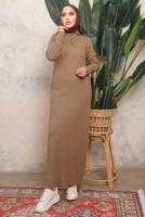 Tesettür giyim KAHVE DÜĞME DETAYLI DÜZ TRİKO ELBİSE T 8101