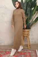 Tesettür giyim KAHVE DÜĞME DETAYLI DÜZ TRİKO ELBİSE T 8101