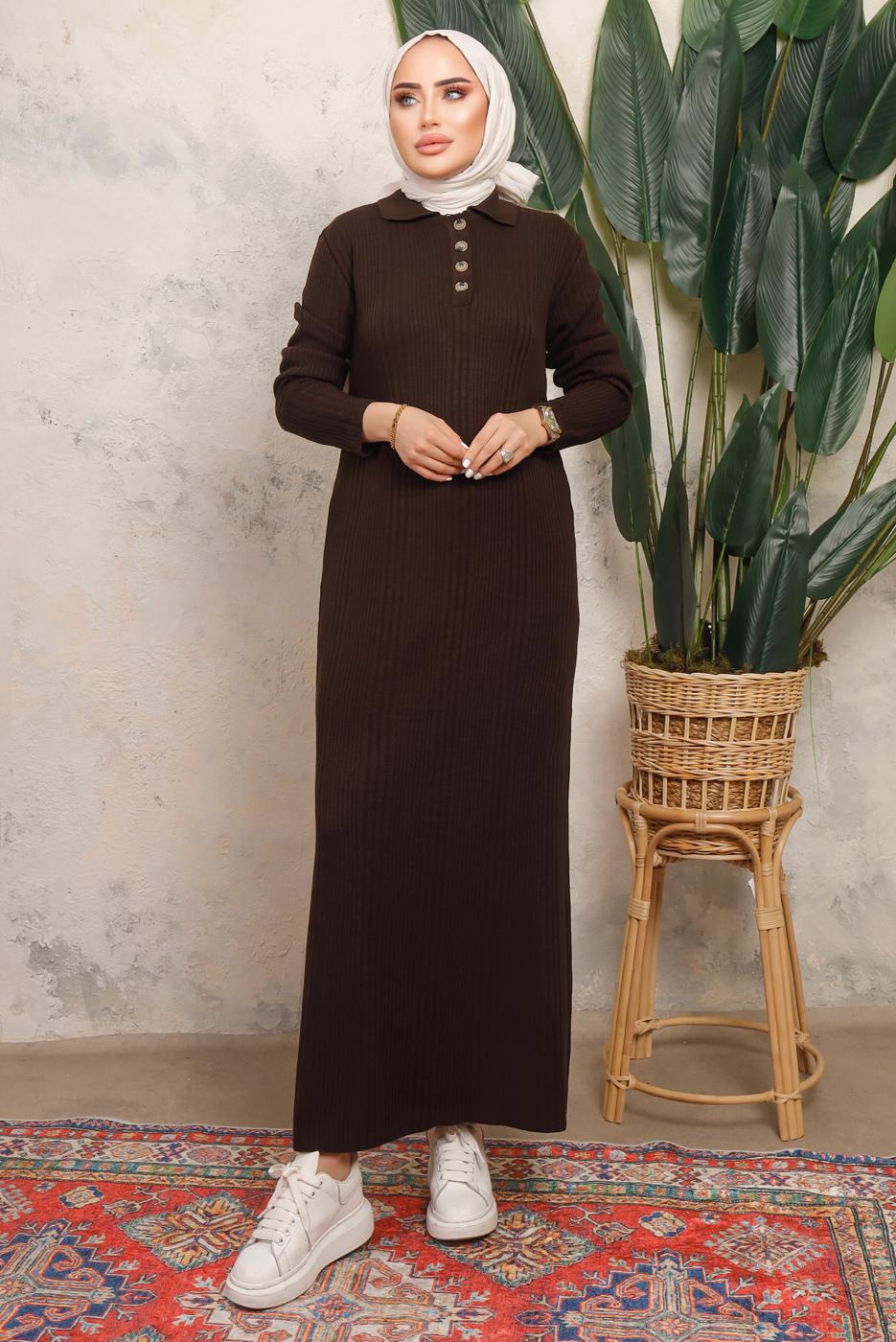 Tesettür giyim KAHVE DÜĞME DETAYLI DÜZ TRİKO ELBİSE T 8101