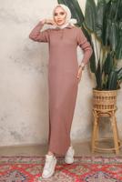 Tesettür giyim PUDRA DÜĞME DETAYLI DÜZ TRİKO ELBİSE T 8101