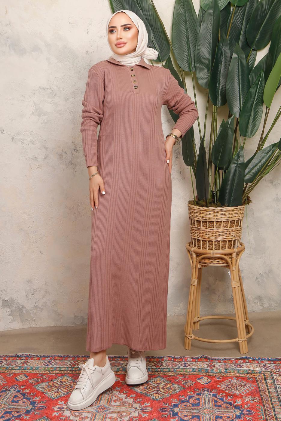 Tesettür giyim PUDRA DÜĞME DETAYLI DÜZ TRİKO ELBİSE T 8101